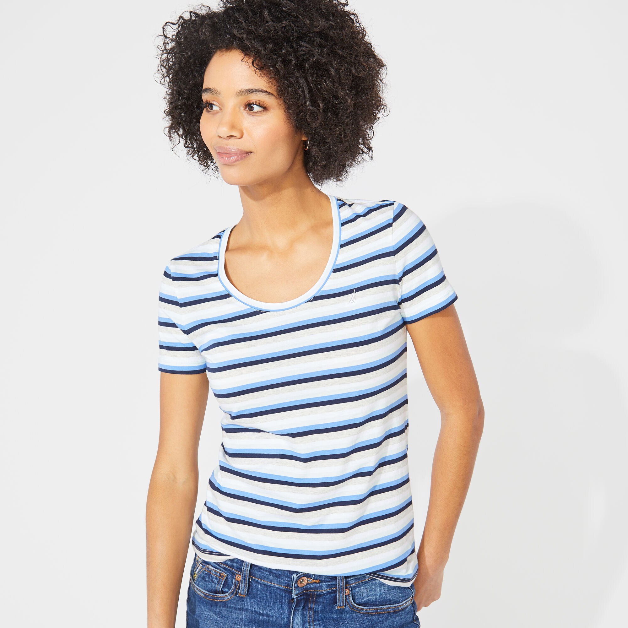 STRIPED SCOOP-NECK T-SHIRT,Haze Grey Heather,large