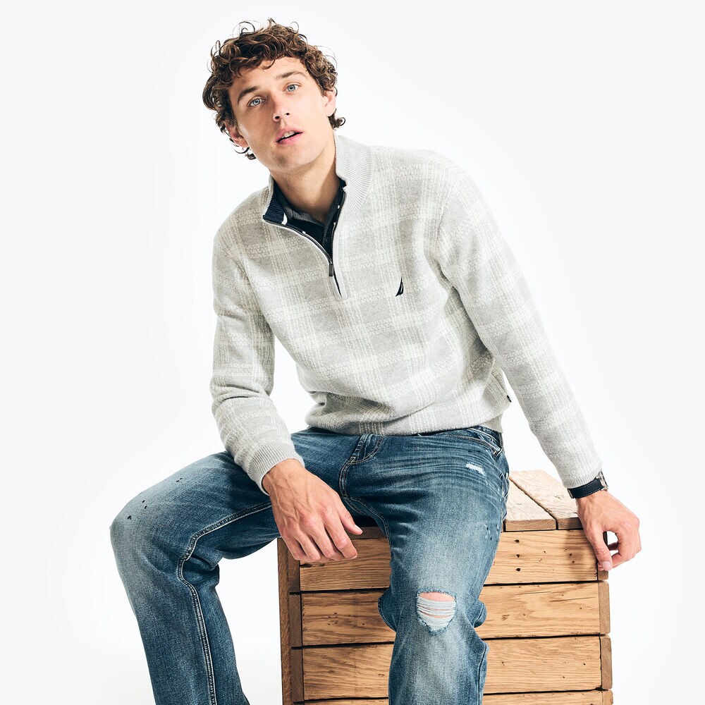 QUARTER-ZIP PLAID SWEATER,Grey Heather,large