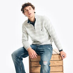 QUARTER-ZIP PLAID SWEATER,Grey Heather,large