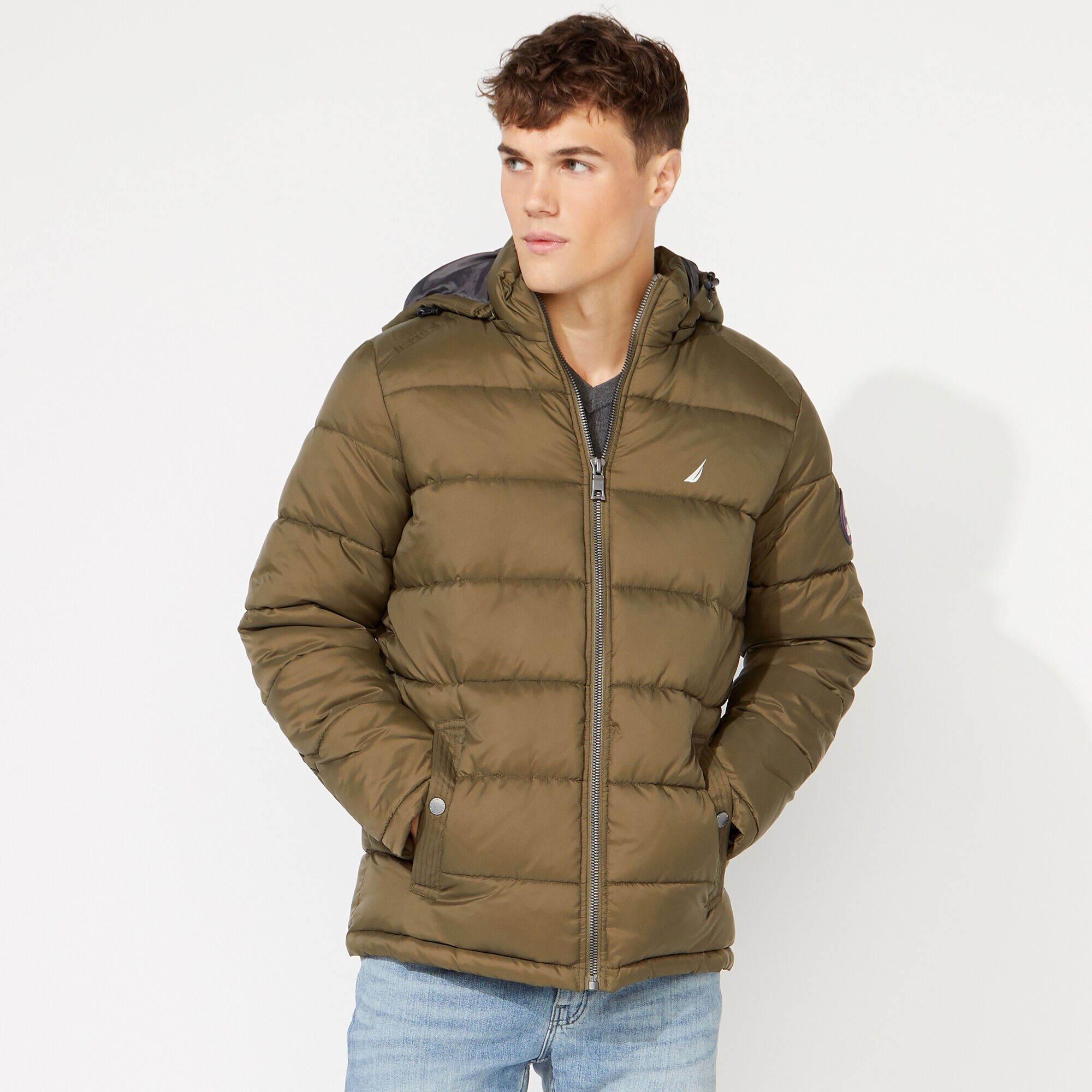 PUFFER JACKET WITH REMOVABLE HOOD,Cargo Green,large