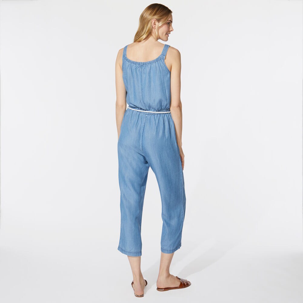 NAUTICA JEANS CO. TIE BELT DENIM JUMPSUIT,Distressed Blue Wash,large