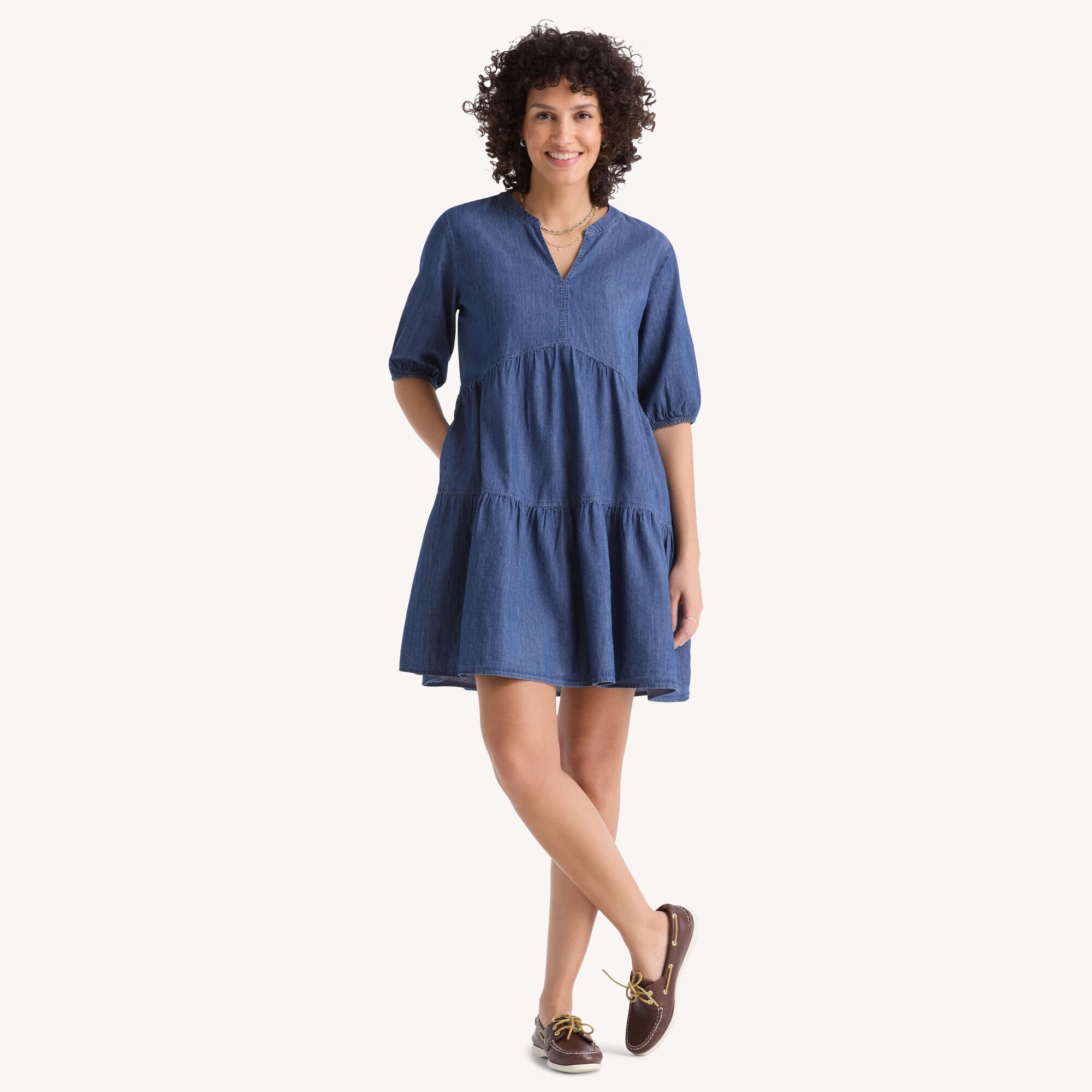 Chambray Tiered Dress,Aquabreeze,large