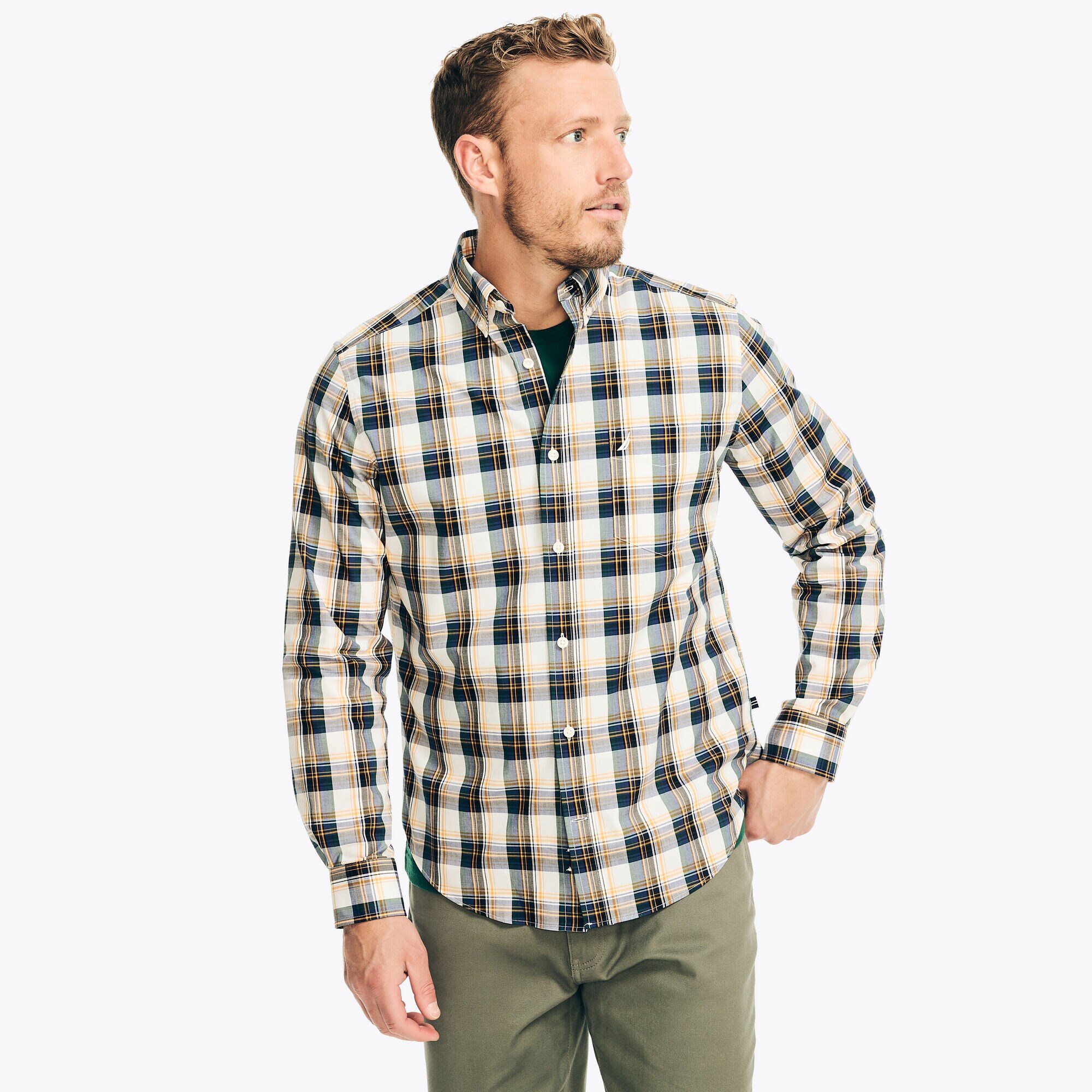 Classic Fit Wrinkle-Resistant Plaid Shirt,Bright White,large
