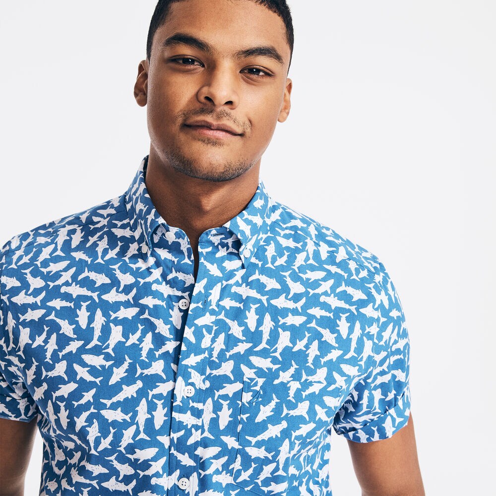 CLASSIC FIT PREMIUM COTTON SHARK PRINT SHIRT,Windsurf Blue,large