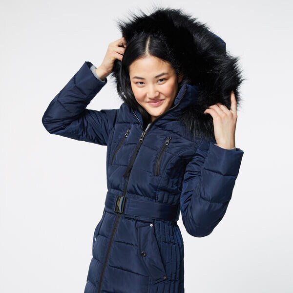 Hooded Jacket With Navy Faux Fur Trim Belted Padded Jacket