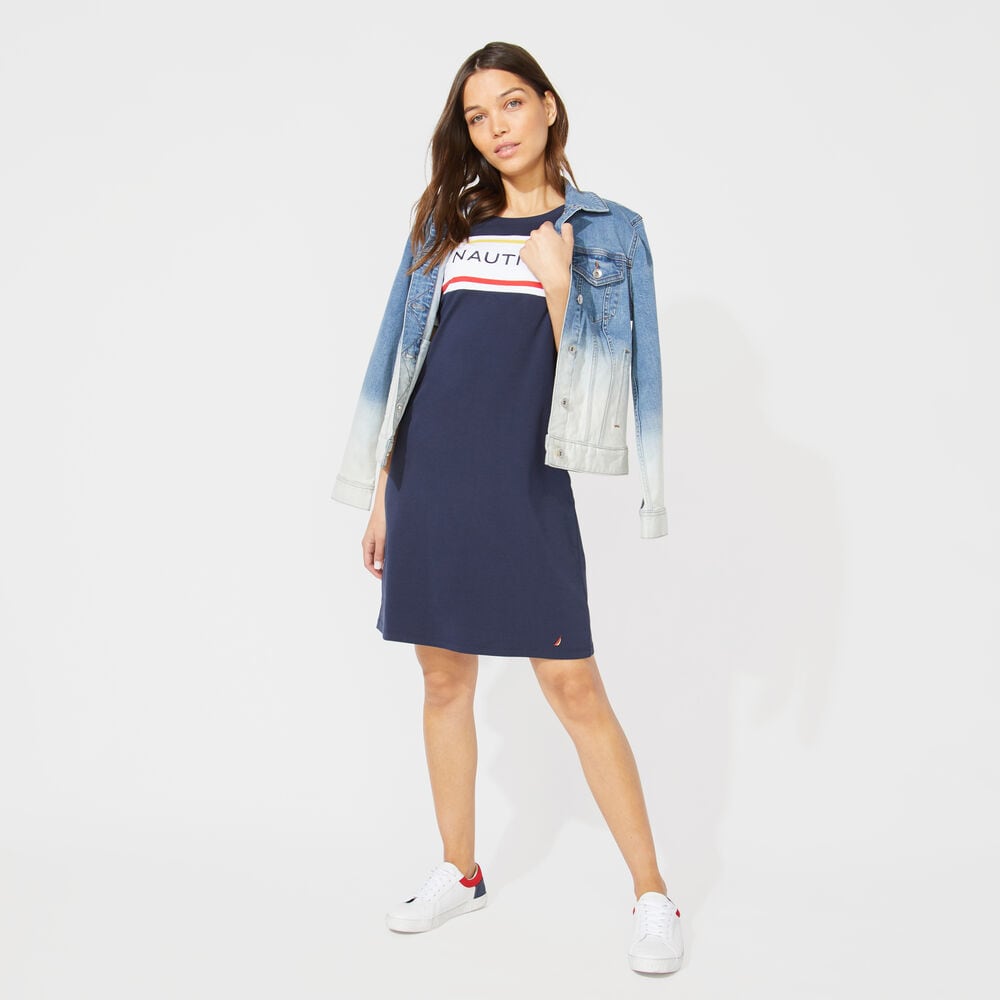 NAUTICA LOGO STRIPE KNIT DRESS,Stellar Blue Heather,large