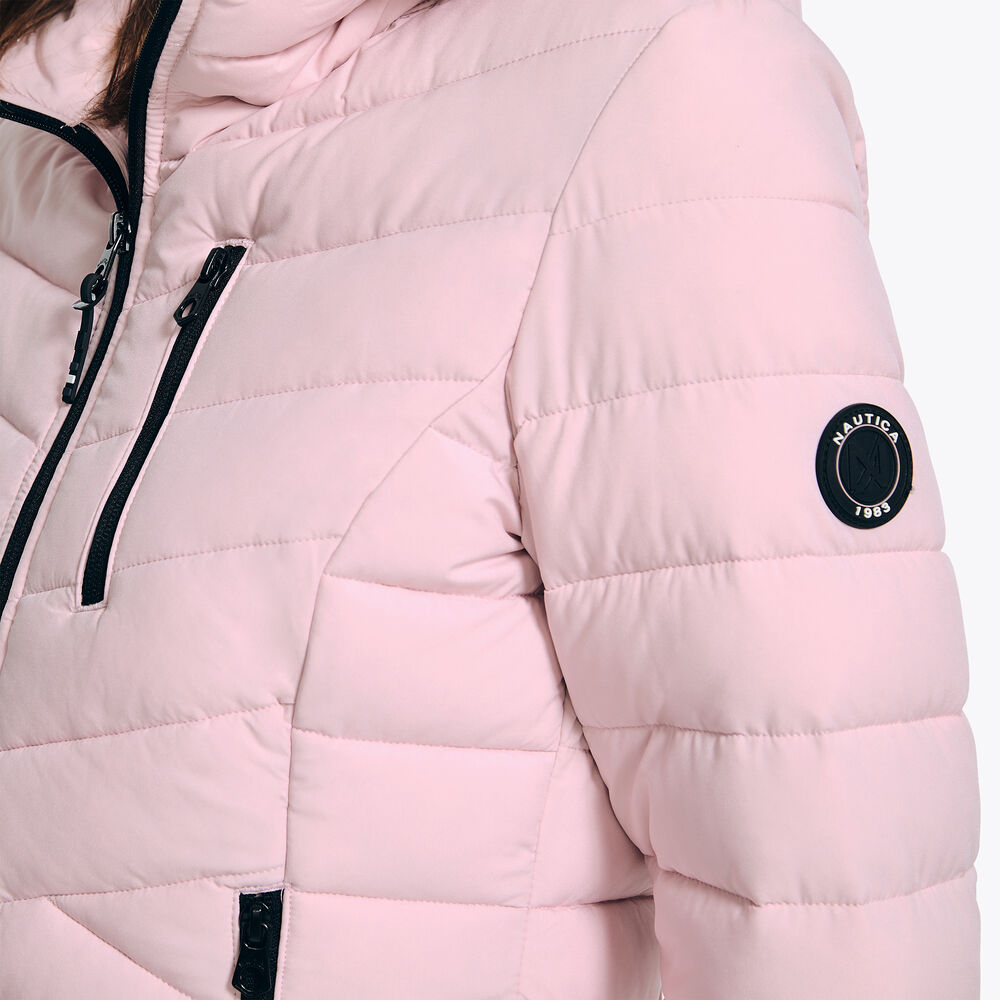 Packable Short Puffer Jacket With Hood,Light Pink,large