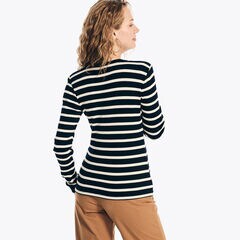 Striped Long-Sleeve Rib-Knit Top,Stellar Blue Heather,large