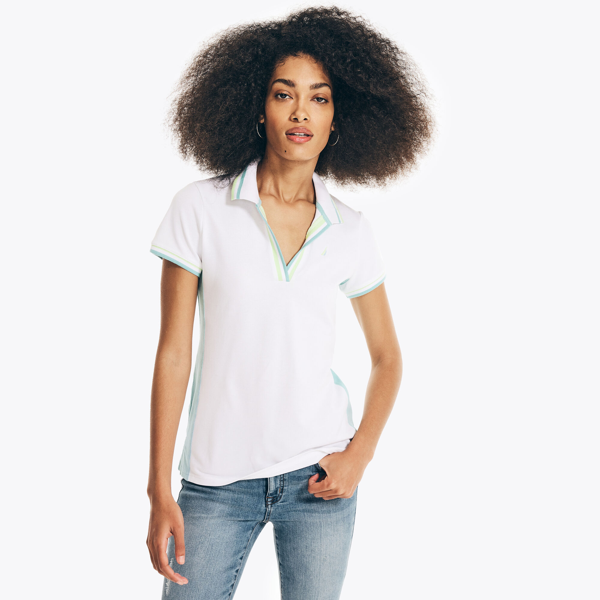 SUSTAINABLY CRAFTED COLORBLOCK SPLIT-NECK POLO,Bright White,large