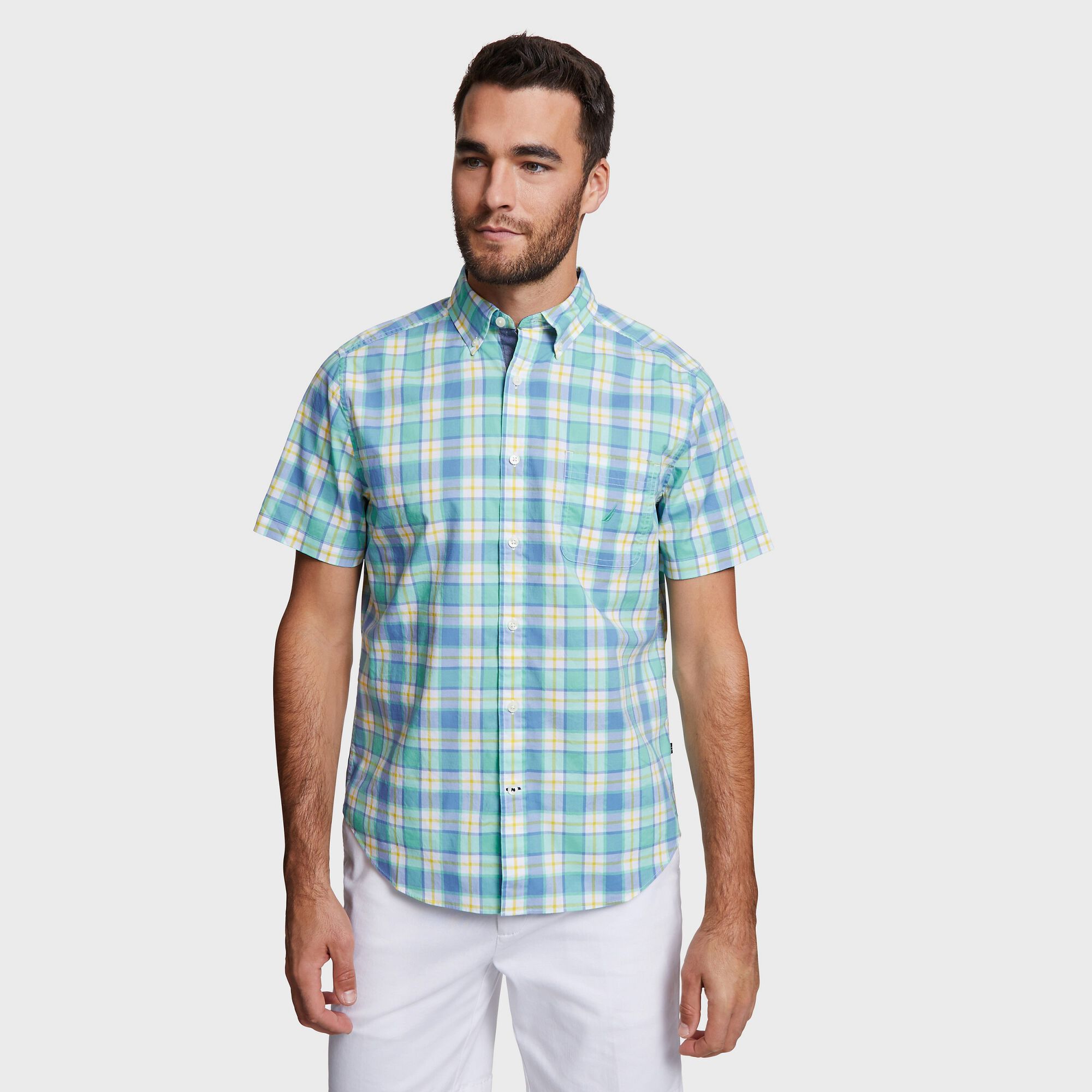 Big & Tall Short Sleeve Shirt in Plaid,Pool Side Aqua,large