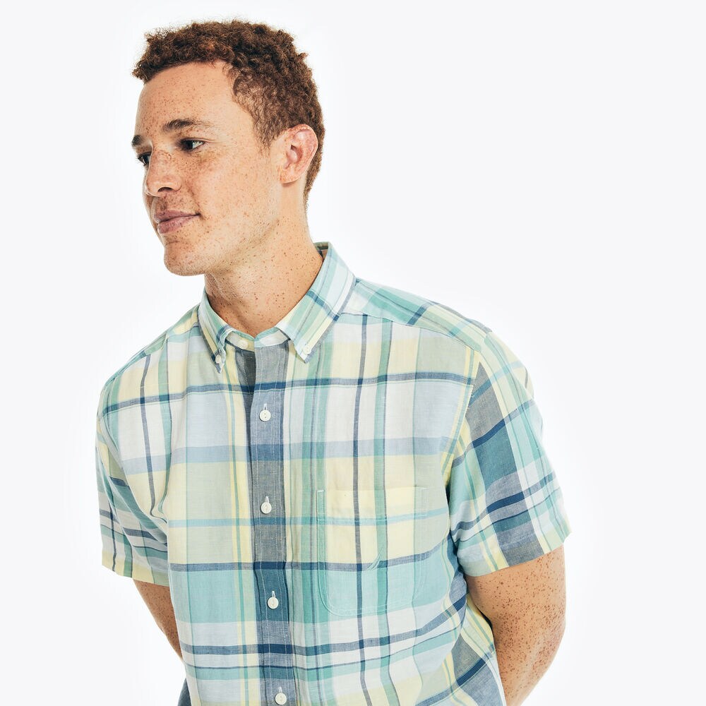 LINEN PLAID SHORT-SLEEVE SHIRT,Light Gold,large