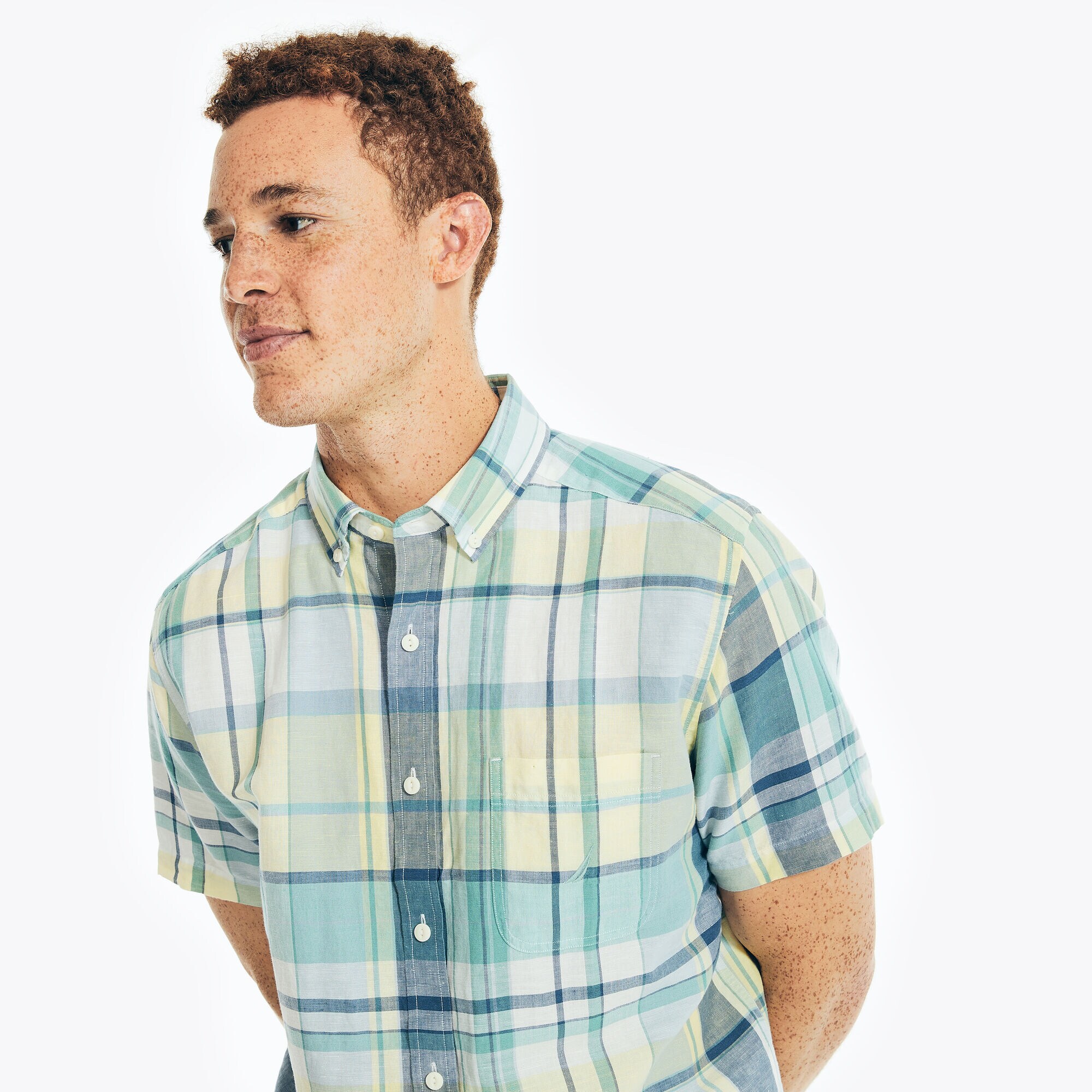 LINEN PLAID SHORT-SLEEVE SHIRT,Light Gold,large