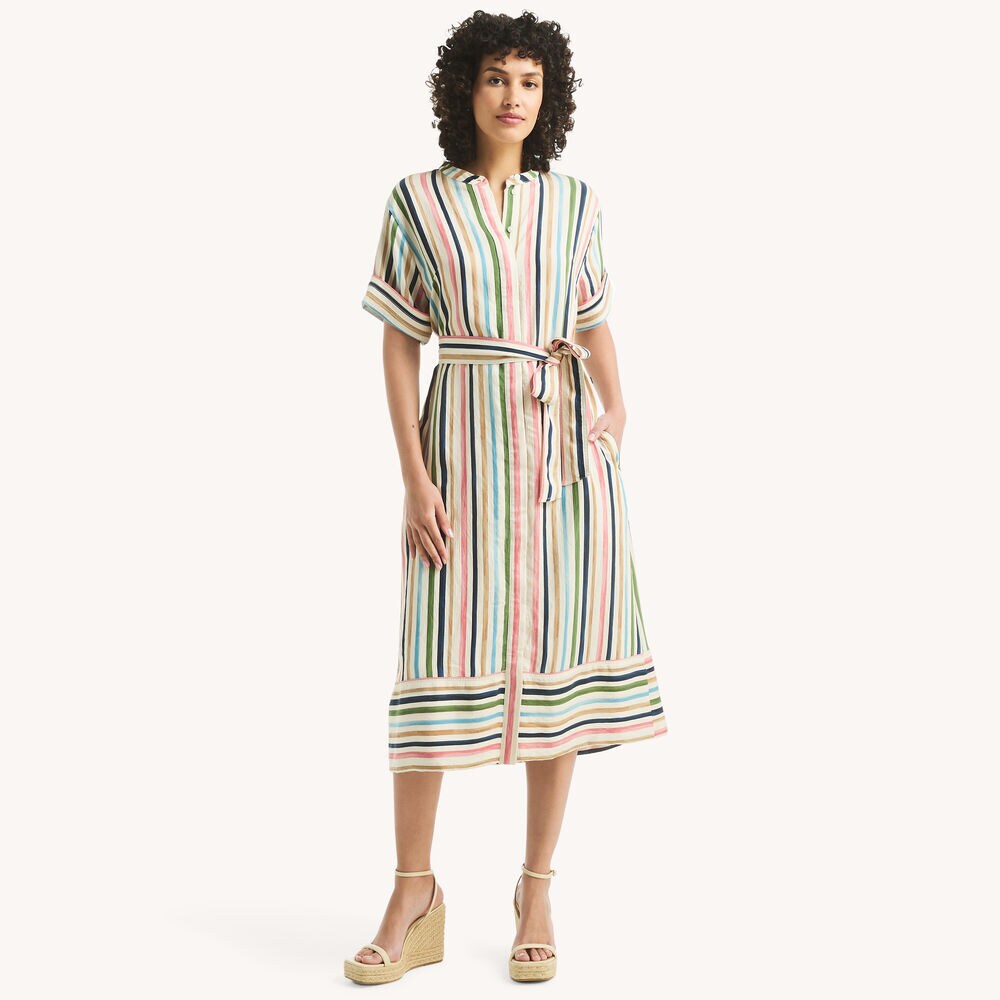 Striped Belted Midi Dress,Rolling River Wash,large