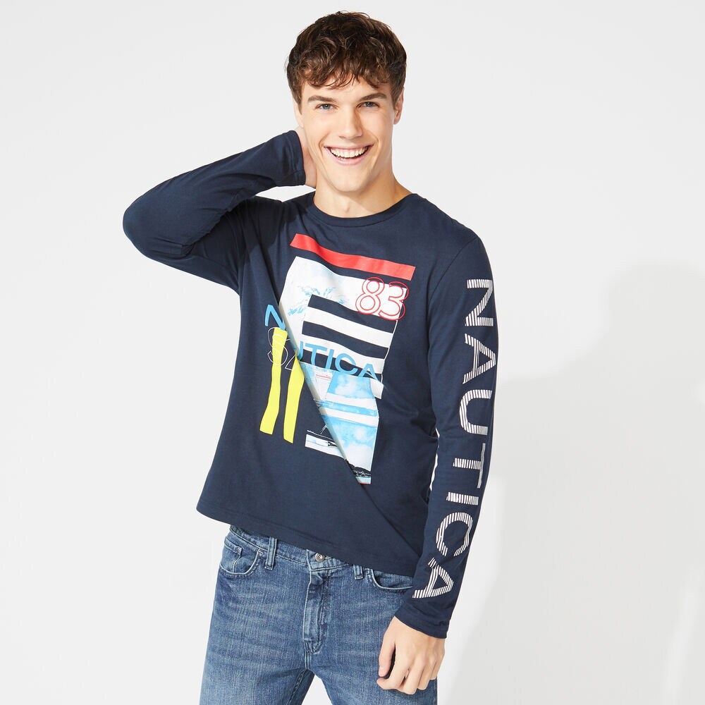 LONG SLEEVE STRIPE COLLAGE T-SHIRT,Navy,large
