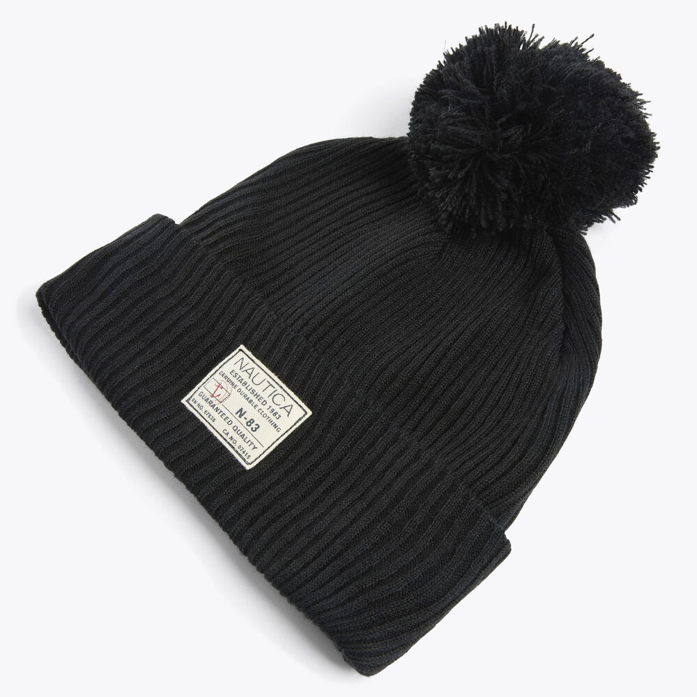 Rib-Knit Pom Hat,True Black,large