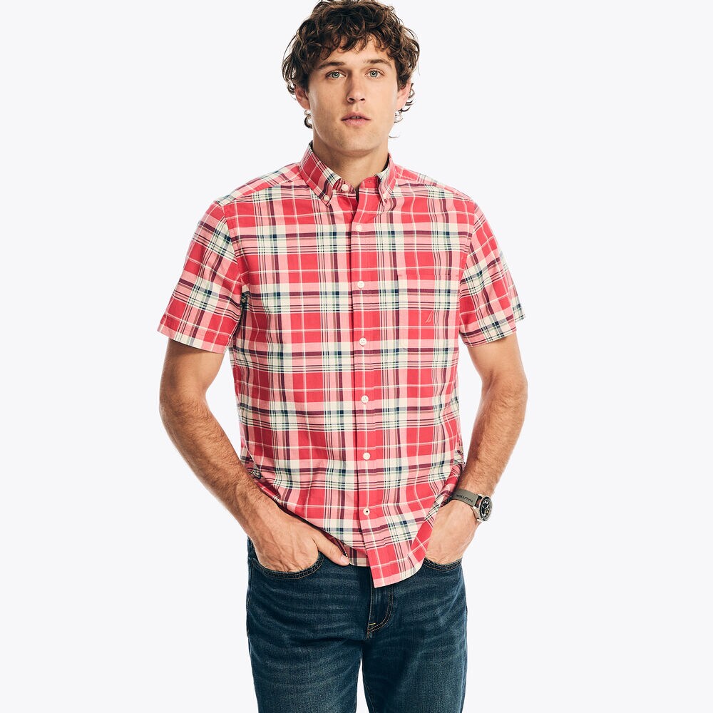 Plaid Poplin Short-Sleeve Shirt,Melonberry,large