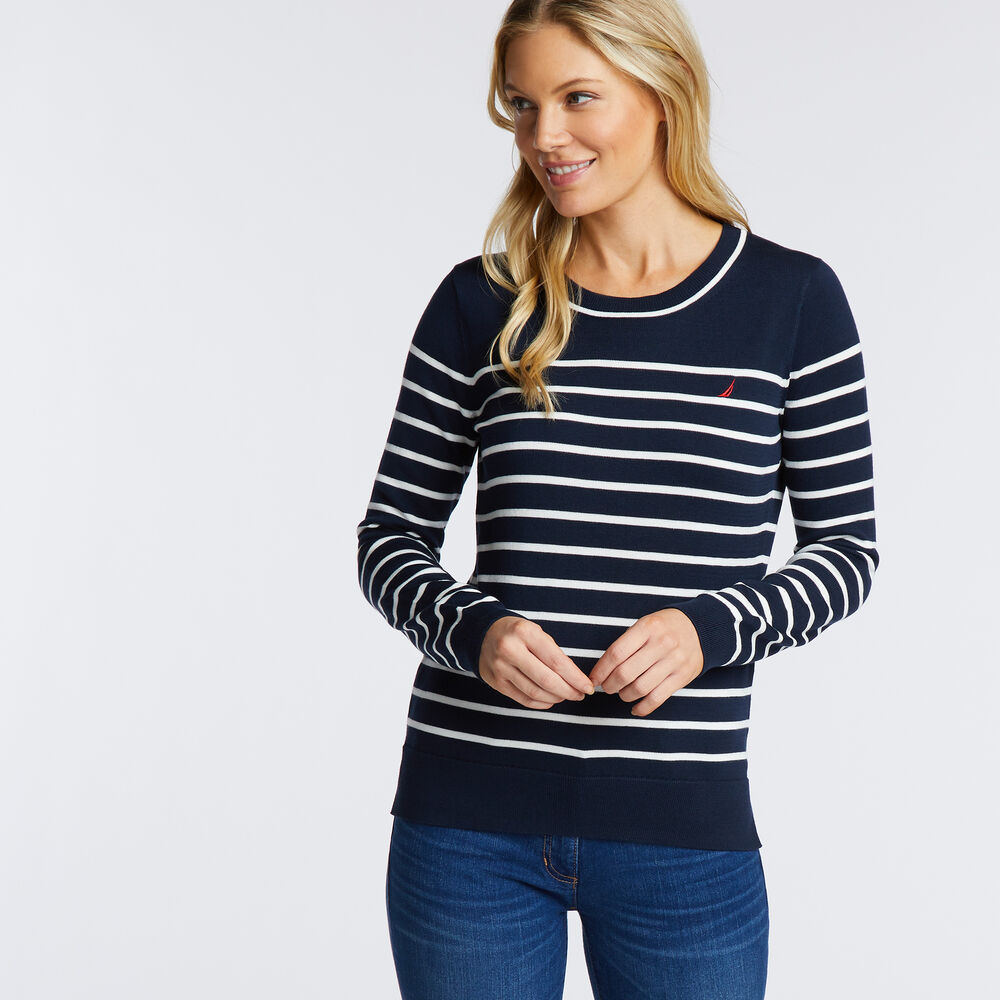Long Sleeve Striped Crewneck Sweater,Stellar Blue Heather,large