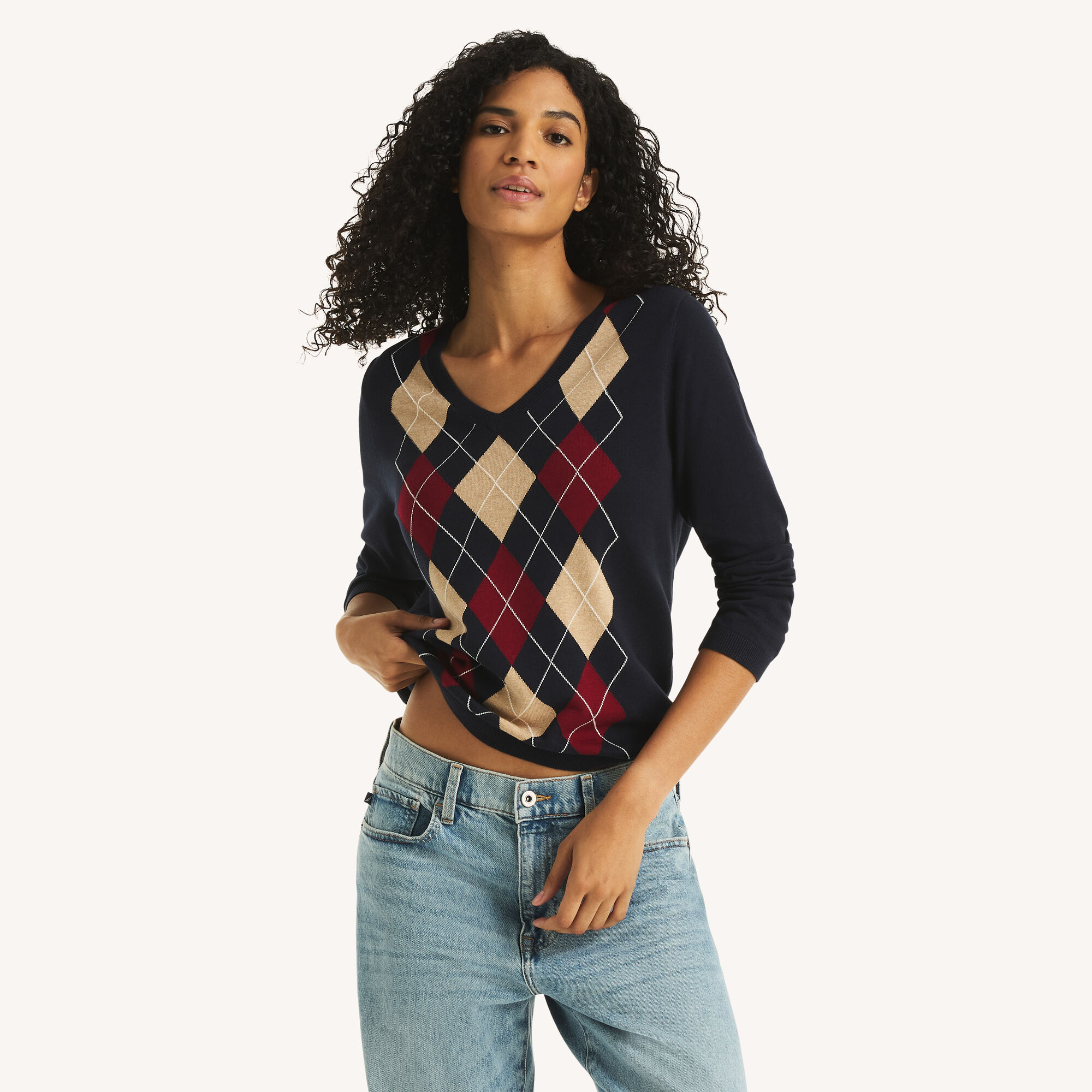 V-Neck Argyle Sweater,Ice Blue,large