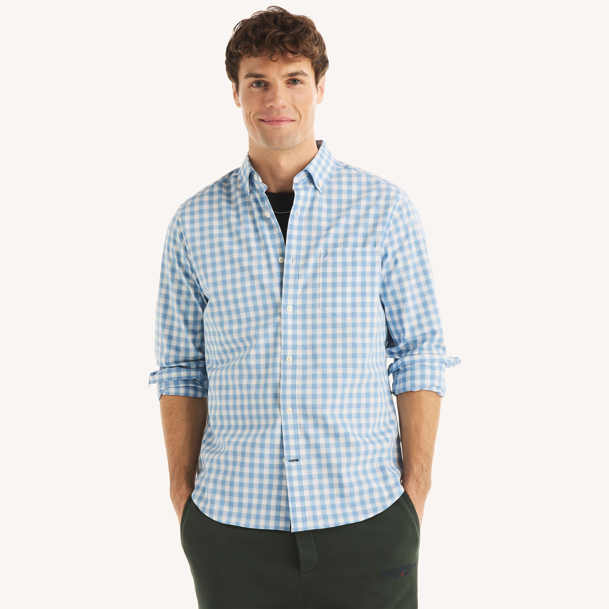 Classic Fit Wrinkle-Resistant Plaid Shirt,Bright White,large