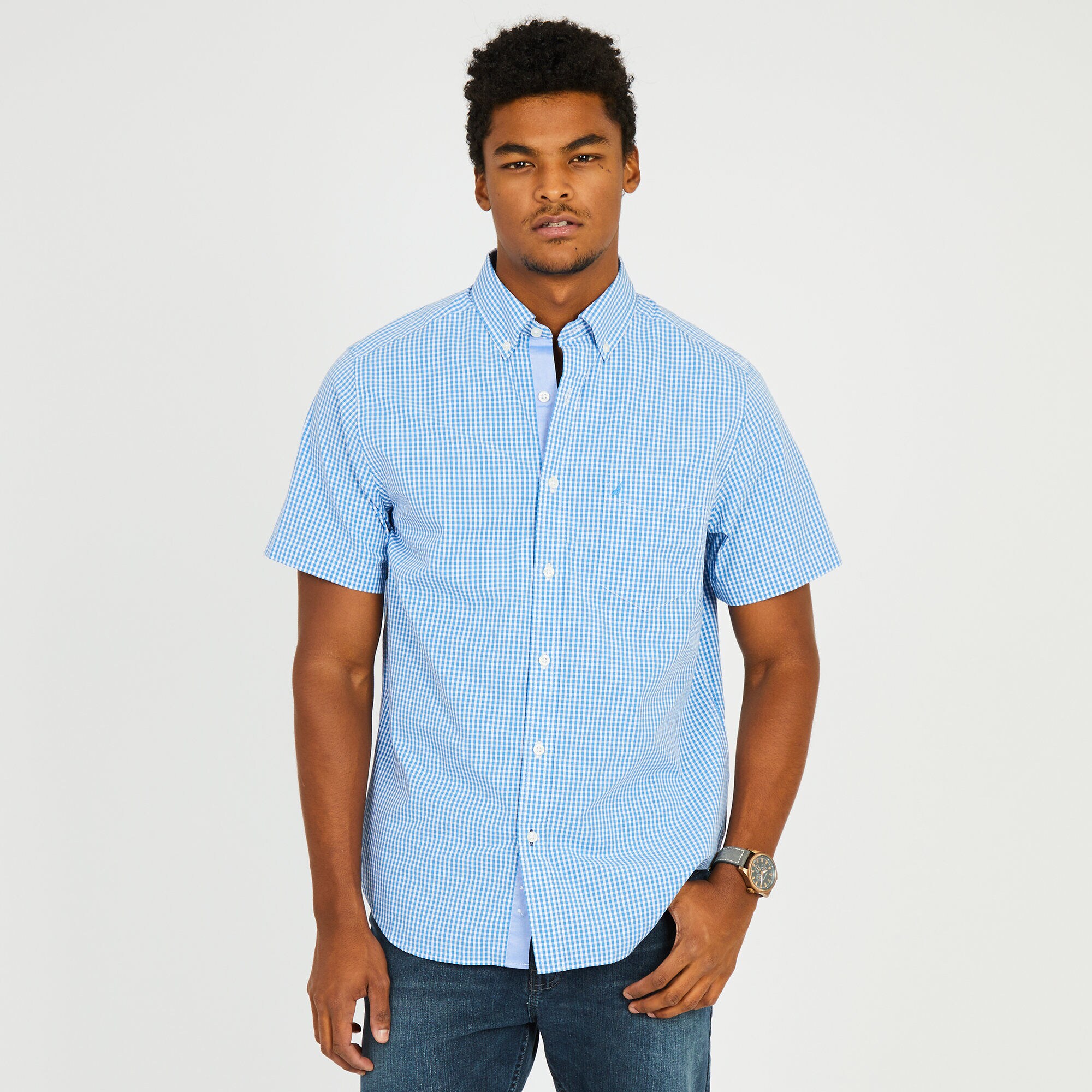 Short Sleeve Button-Down Gingham Shirt,Clear Sky Blue,large