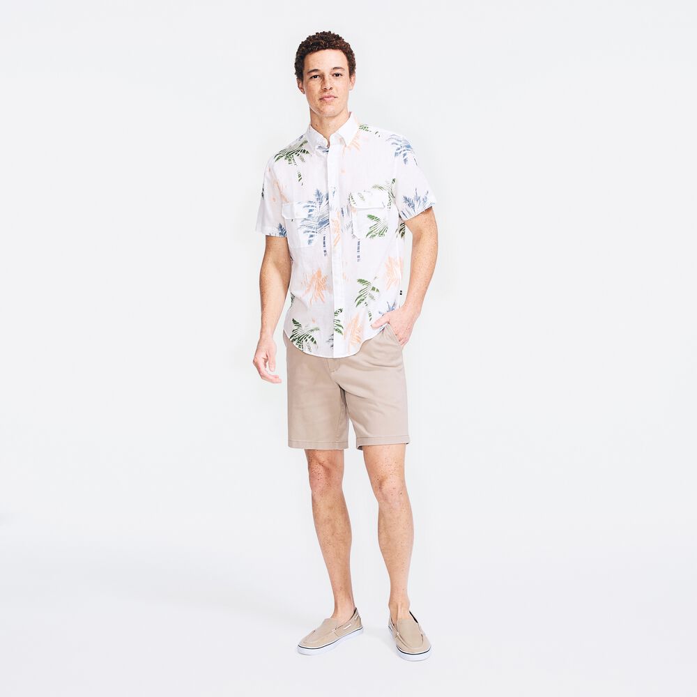 PALM TREE PRINT LINEN SHORT-SLEEVE SHIRT,Snow White,large