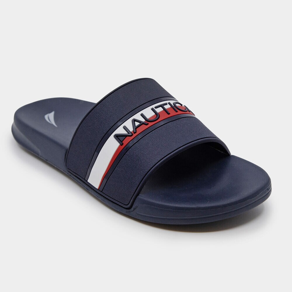 LOGO STRIPE SLIDE SANDALS,Navy,large