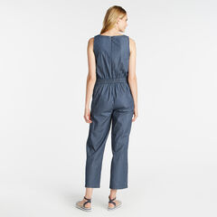 TWILL STRIPE CROPPED WIDE LEG BELTED JUMPSUIT,Admiral Blue,large