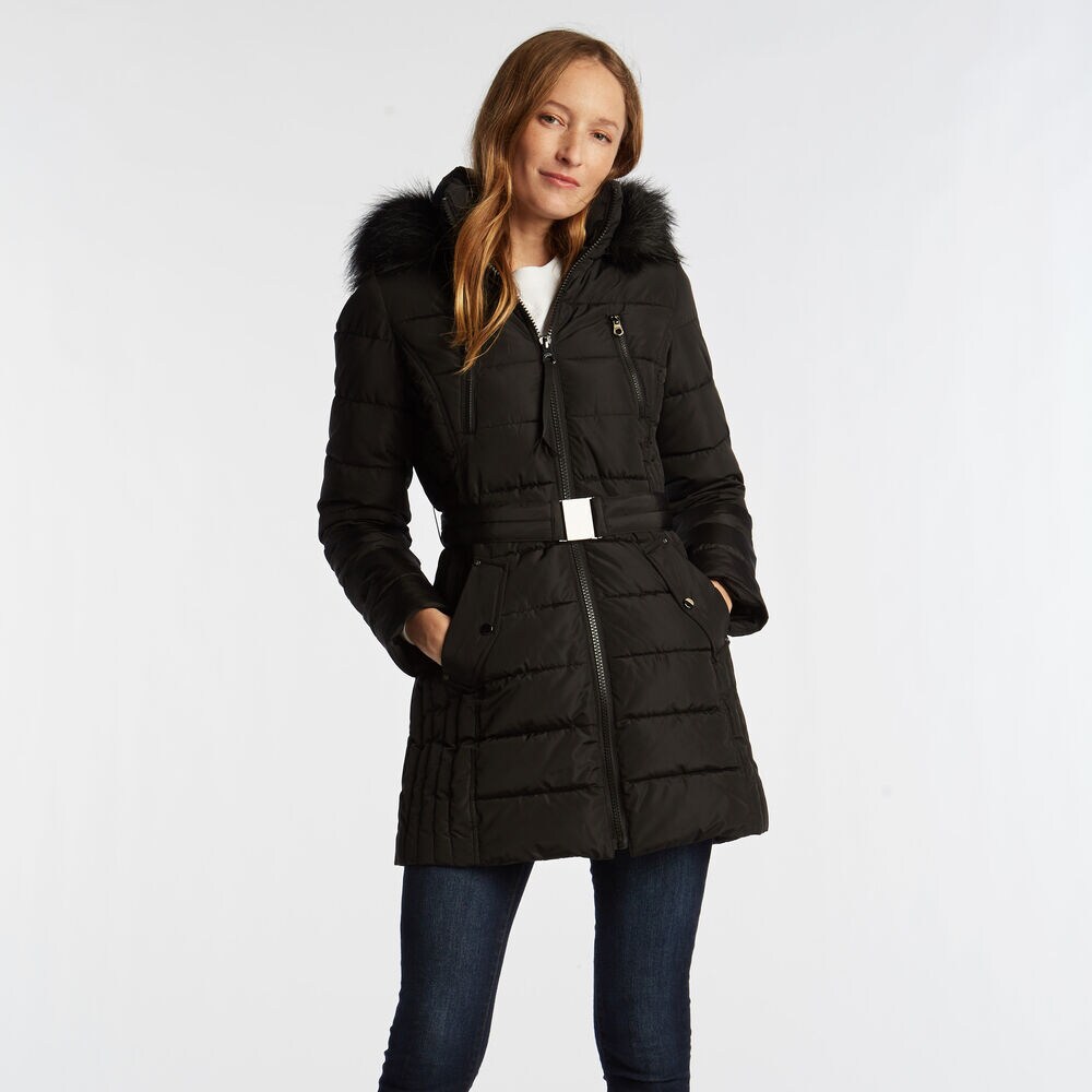 WOMEN'S QUILTED BELTED COAT,True Black,large