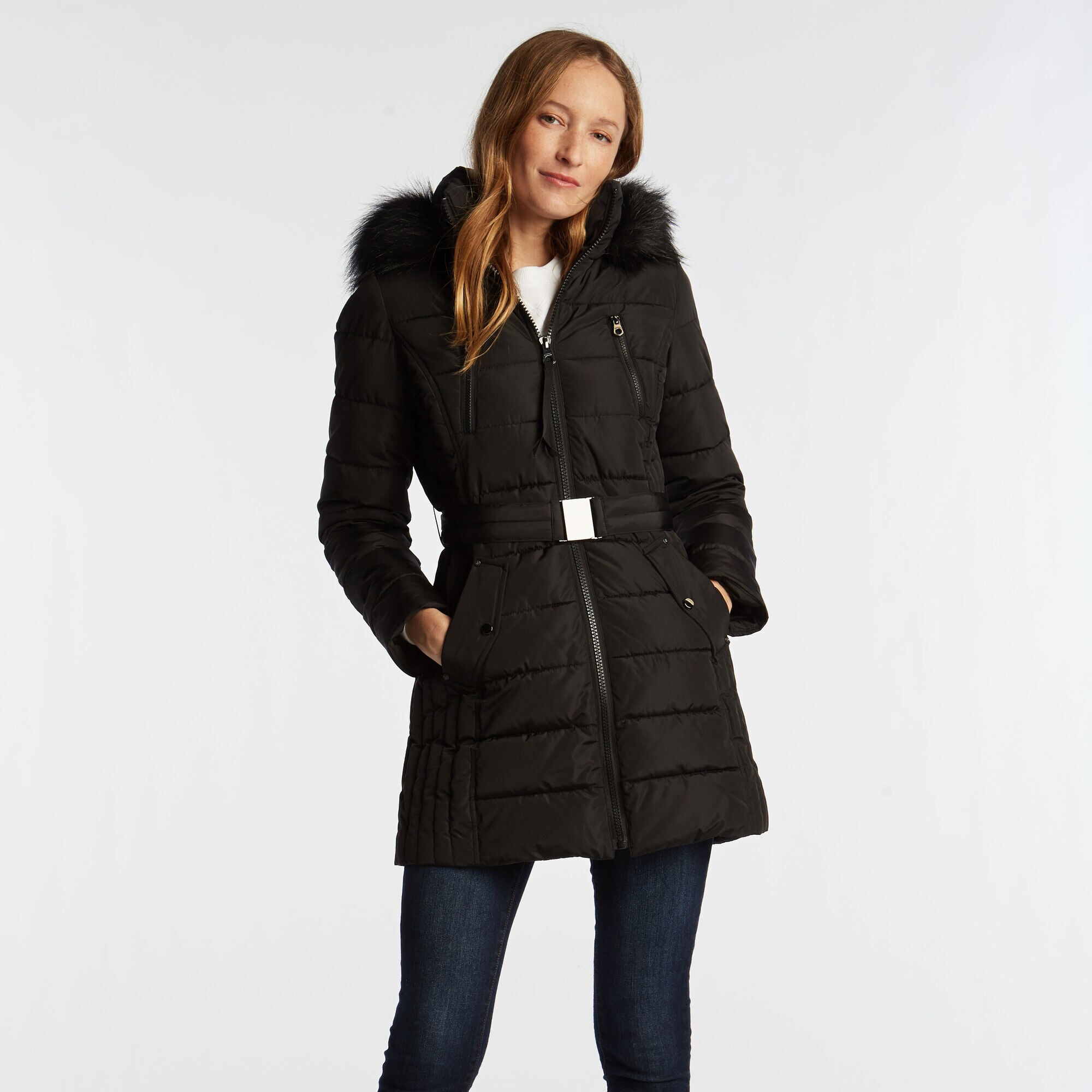 WOMEN'S QUILTED BELTED COAT,True Black,large