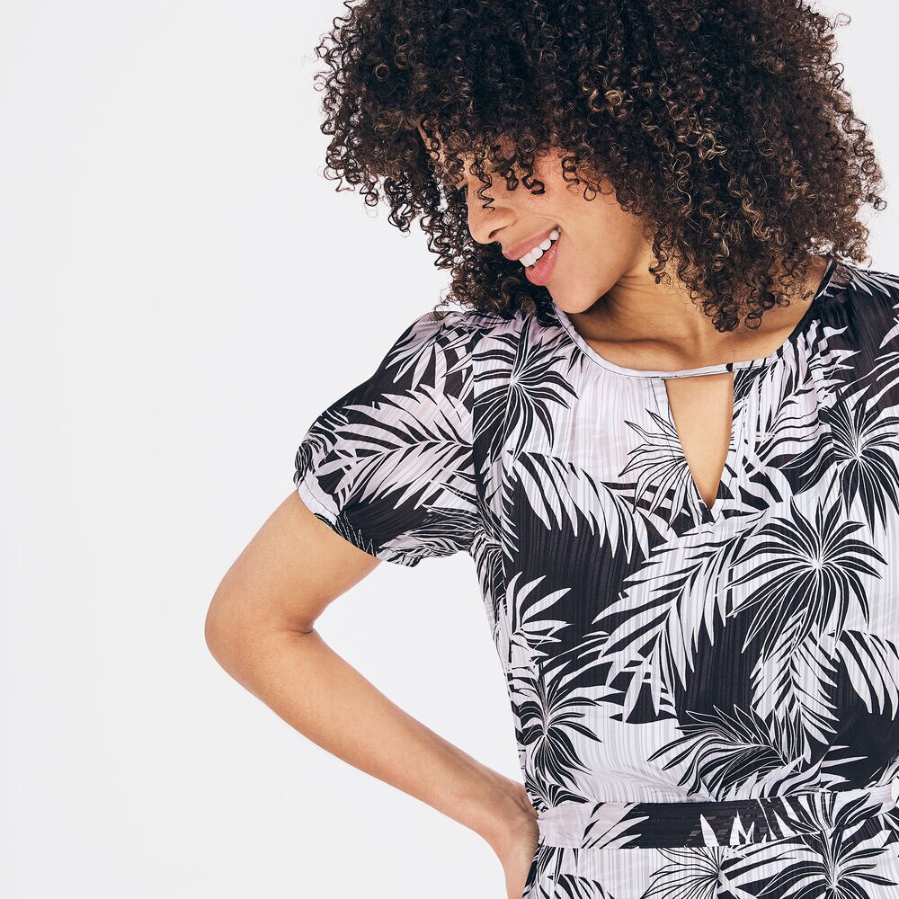 SATIN PALM TREE PRINT DRESS,True Black,large