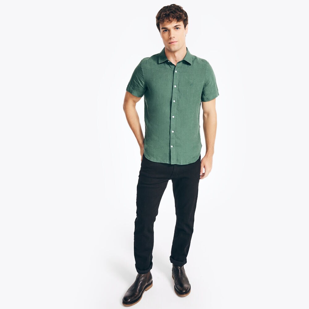 SUSTAINABLY CRAFTED LINEN SHORT-SLEEVE SHIRT,Lakeside Green,large