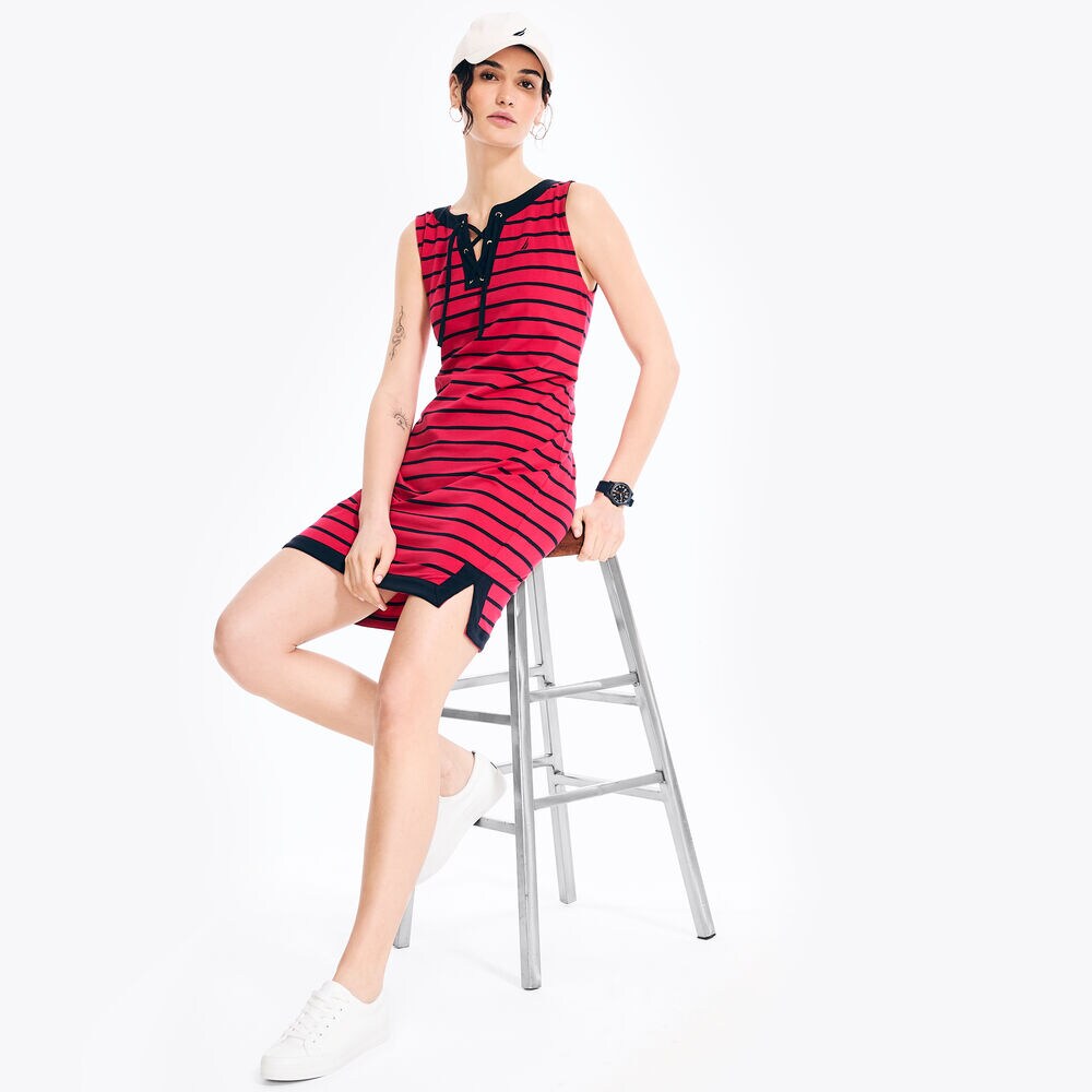 Lace-Up Striped Tunic Dress,Sailor Red,large