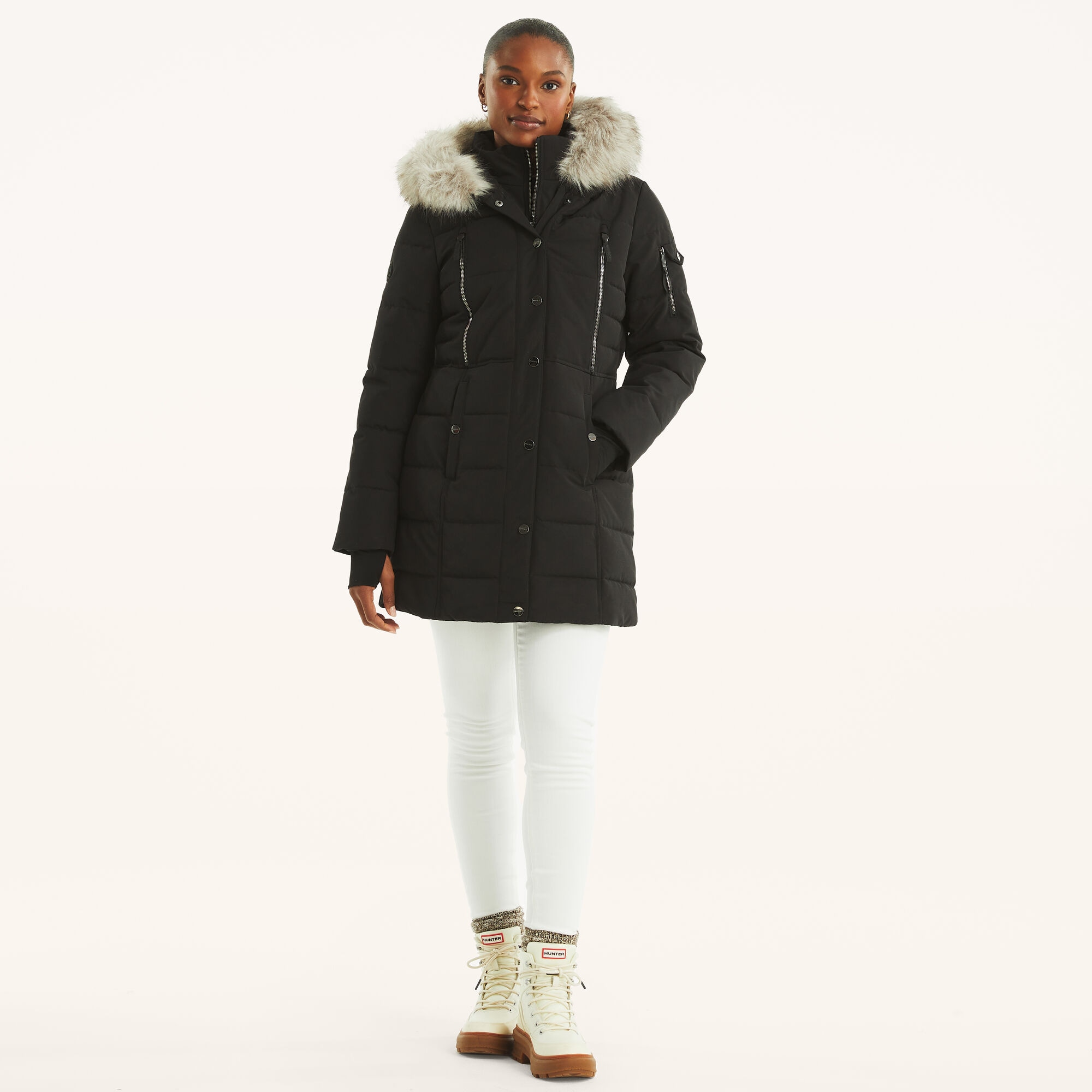 Faux Shearling Hood Puffer Jacket,True Black,large