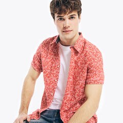 PAISLEY PRINT LINEN SHORT-SLEEVE SHIRT,Mineral Red,large