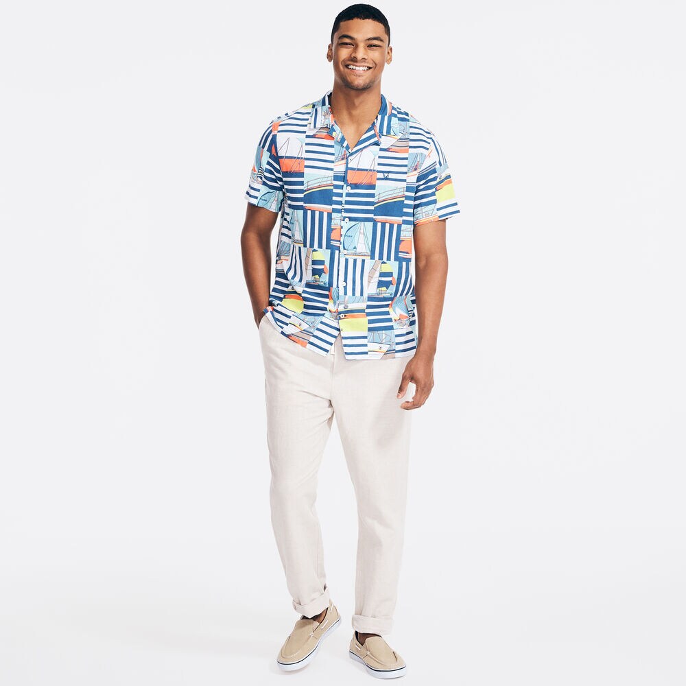SAILBOAT PRINT LINEN SHORT-SLEEVE SHIRT,Windsurf Blue,large