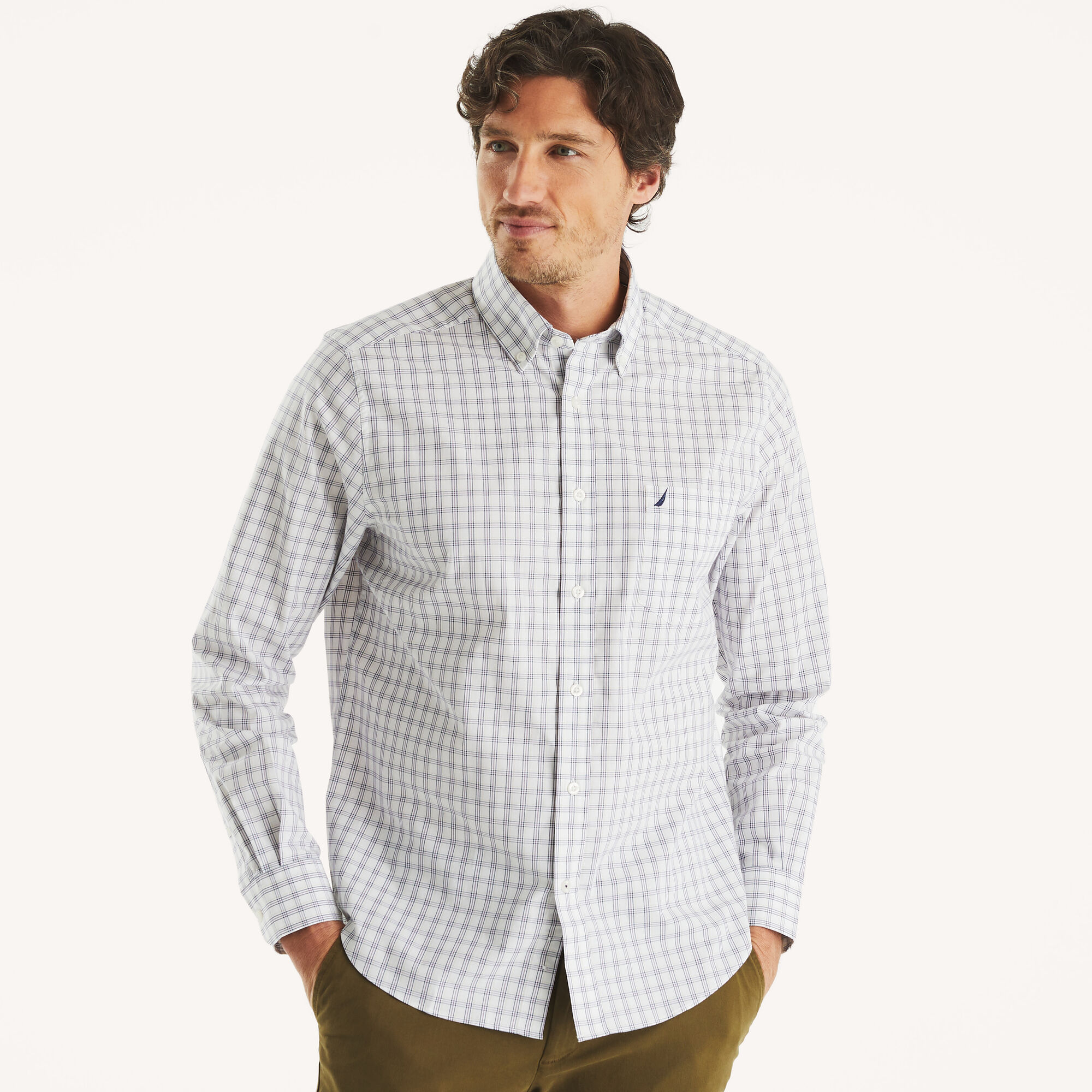 Classic Fit Wrinkle-Resistant Plaid Shirt,Bright White,large