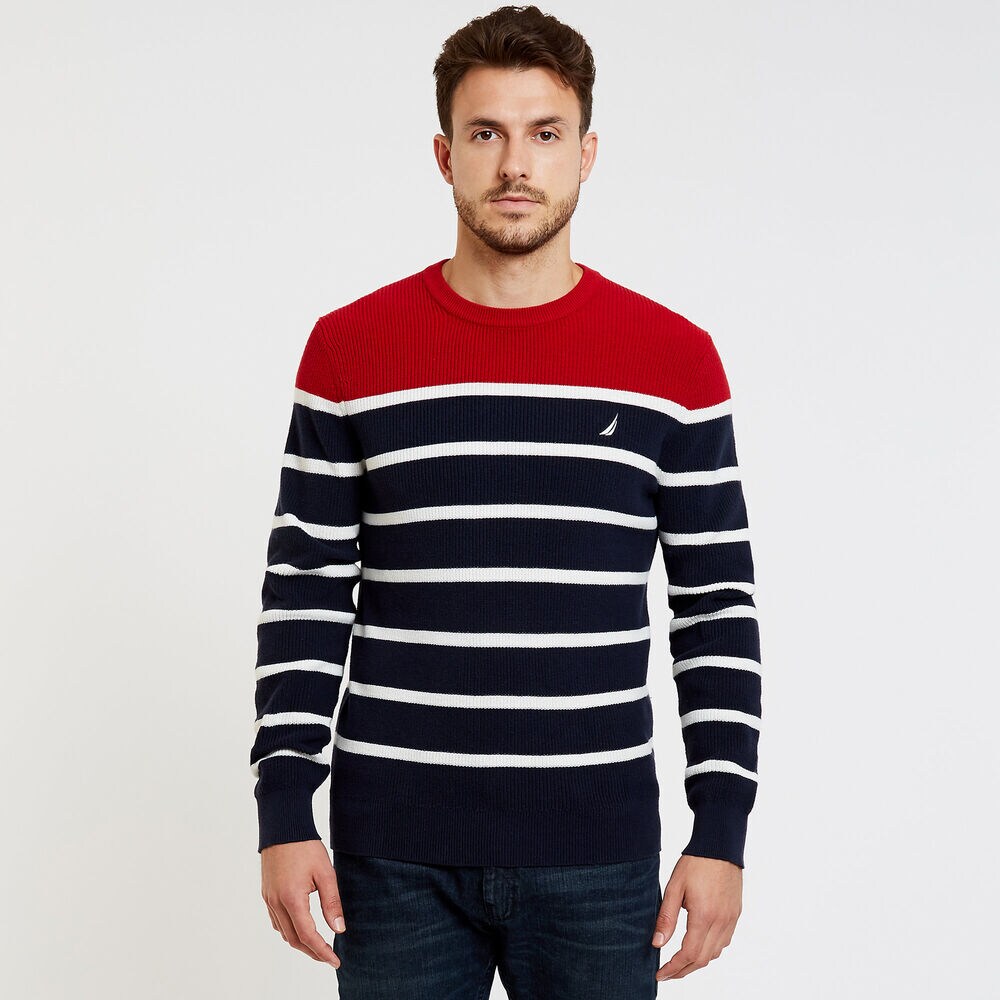 Textured Breton Stripe Crewneck Sweater,Navy,large