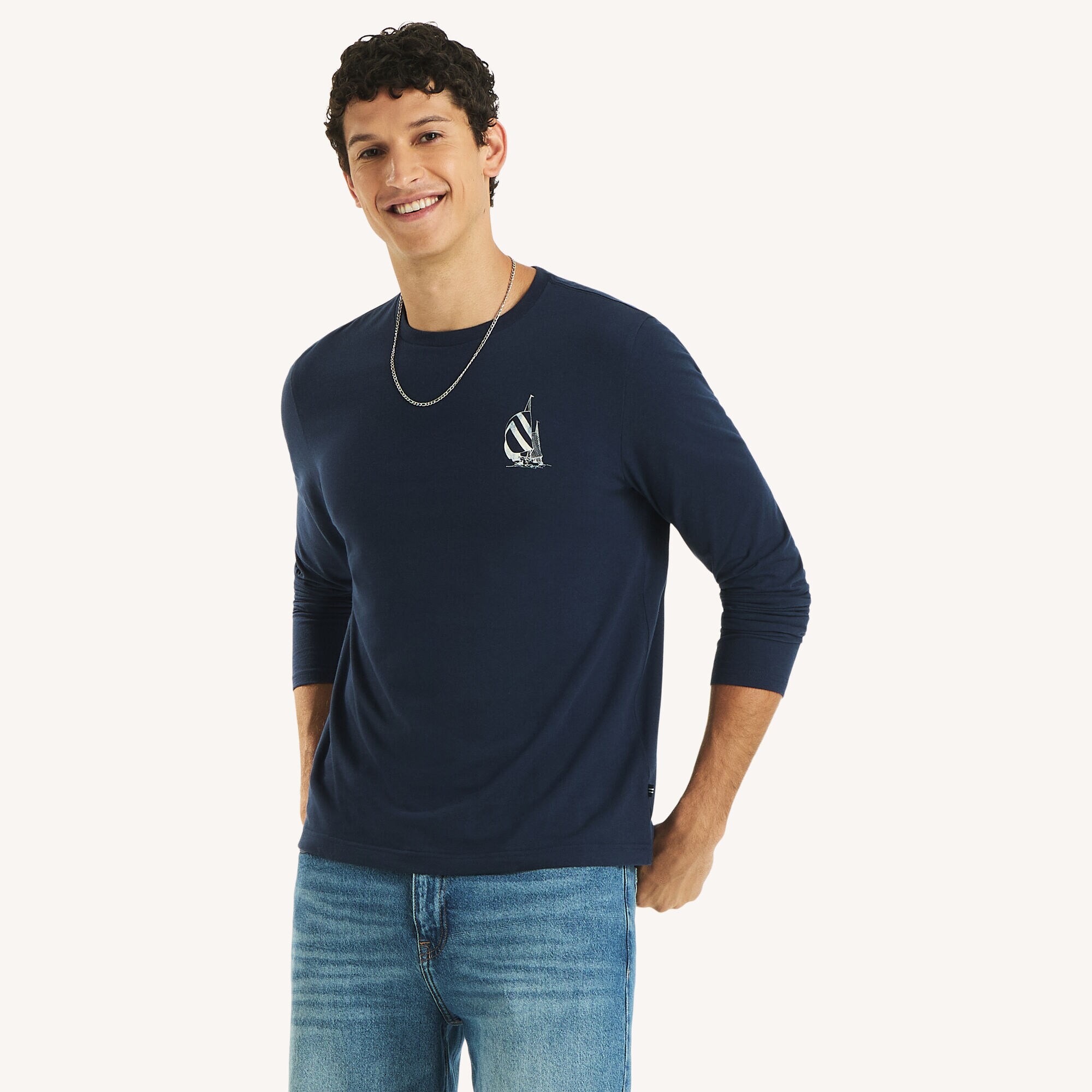 Long-Sleeve Embroidered Graphic T-Shirt,Stellar Blue Heather,large