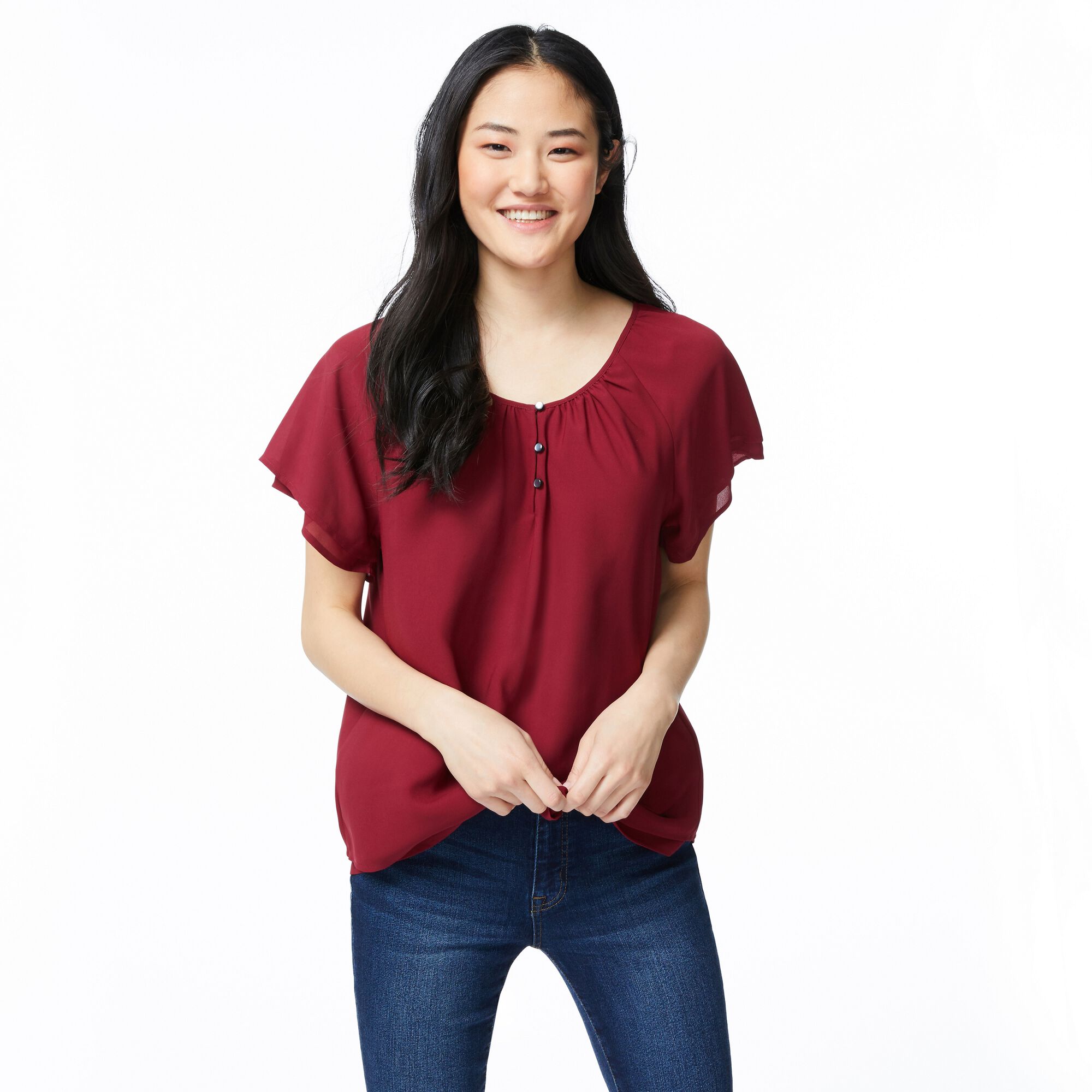 CHIFFON RAGLAN SLEEVE TOP,Classic Red,large