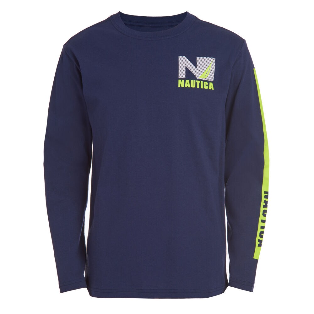BOYS' MESH "N" GRAPHIC LONG SLEEVE T-SHIRT (8-20),Oyster Bay Blue,large