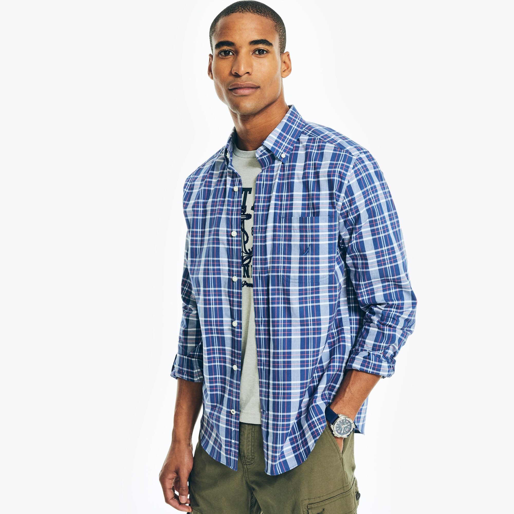 PLAID POPLIN SHIRT,Pure Adriatic Sea Wash,large