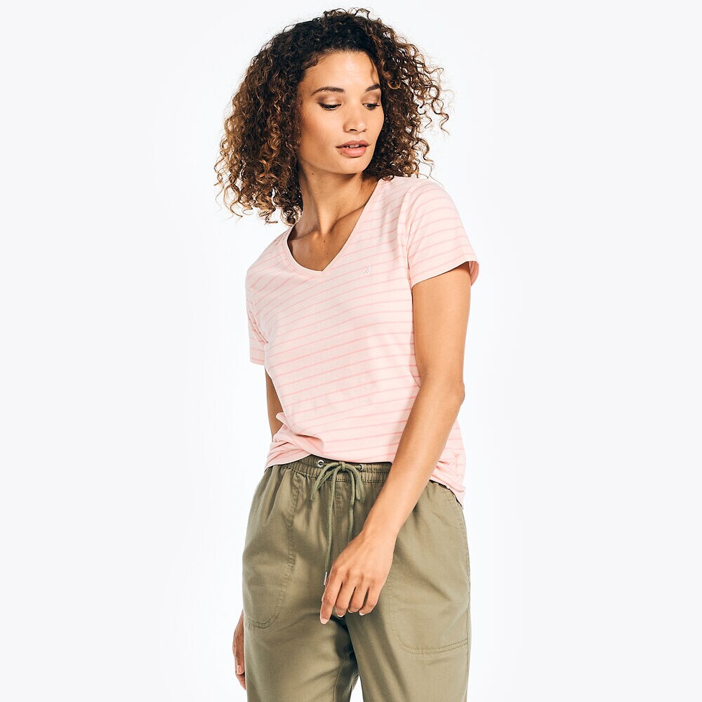 STRIPED V-NECK T-SHIRT,Fancytail Fuschia,large