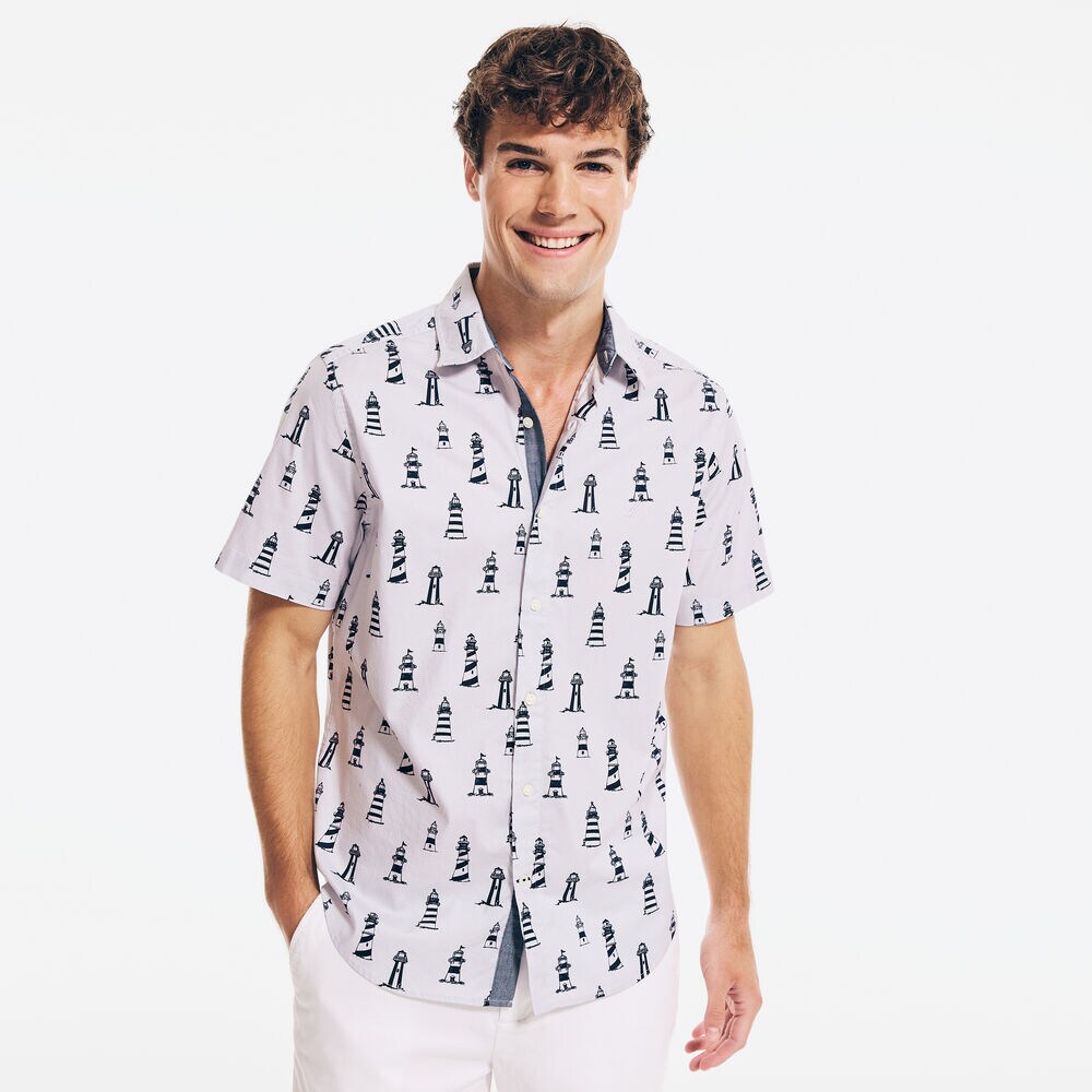 LIGHTHOUSE PRINT SHORT-SLEEVE SHIRT,Mist Grey,large