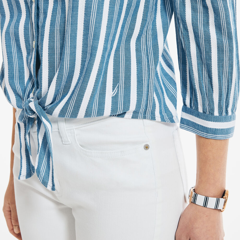 STRIPED COLD SHOULDER TIE-FRONT TOP,Bright White,large