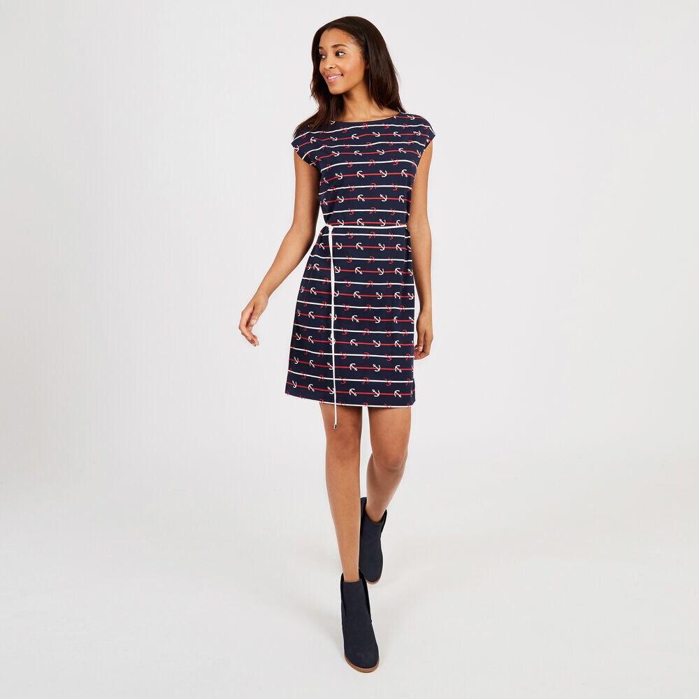 Striped + Anchor Dress with Rope Belt,Stellar Blue Heather,large