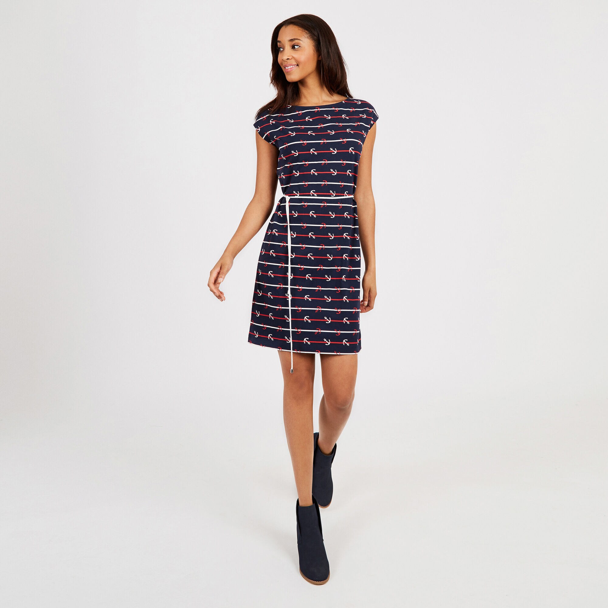 Striped + Anchor Dress with Rope Belt,Stellar Blue Heather,large