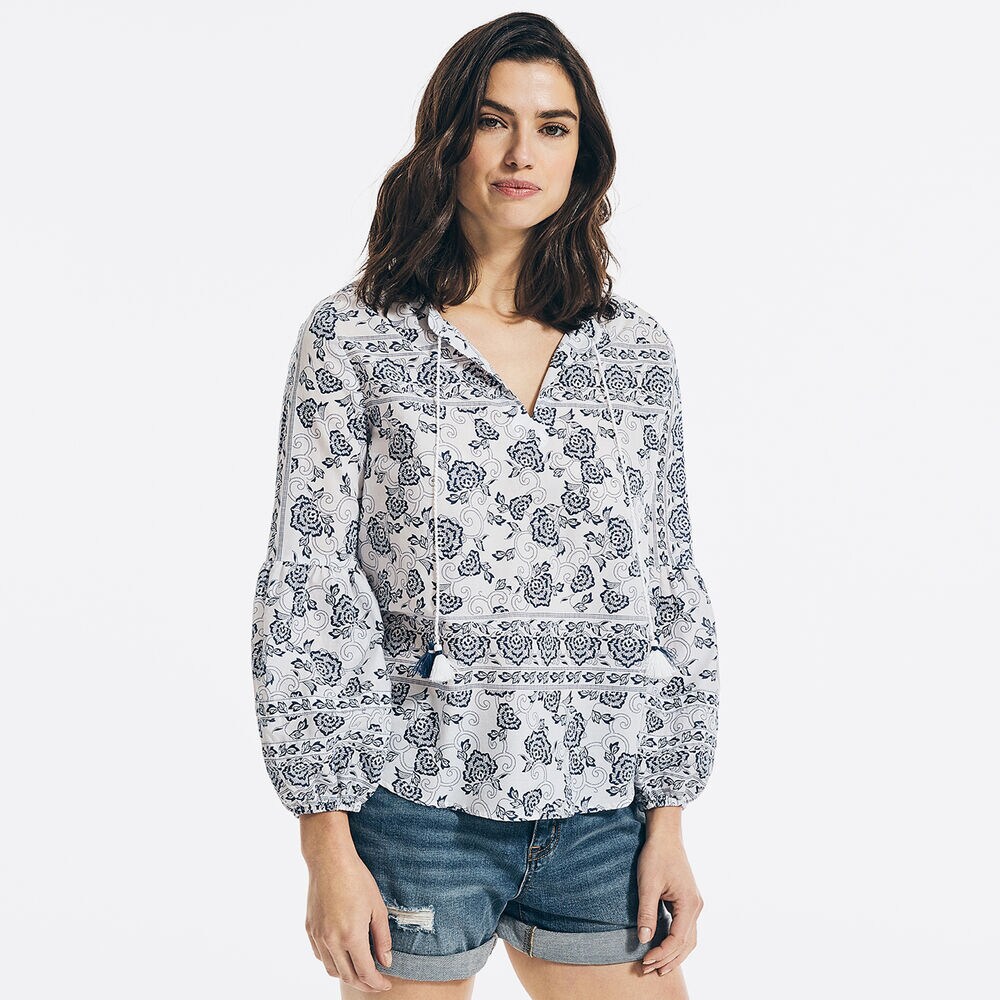 FLORAL PRINT SPLIT-NECK TOP,Nautica Blue,large