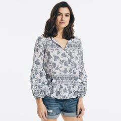 FLORAL PRINT SPLIT-NECK TOP,Nautica Blue,large