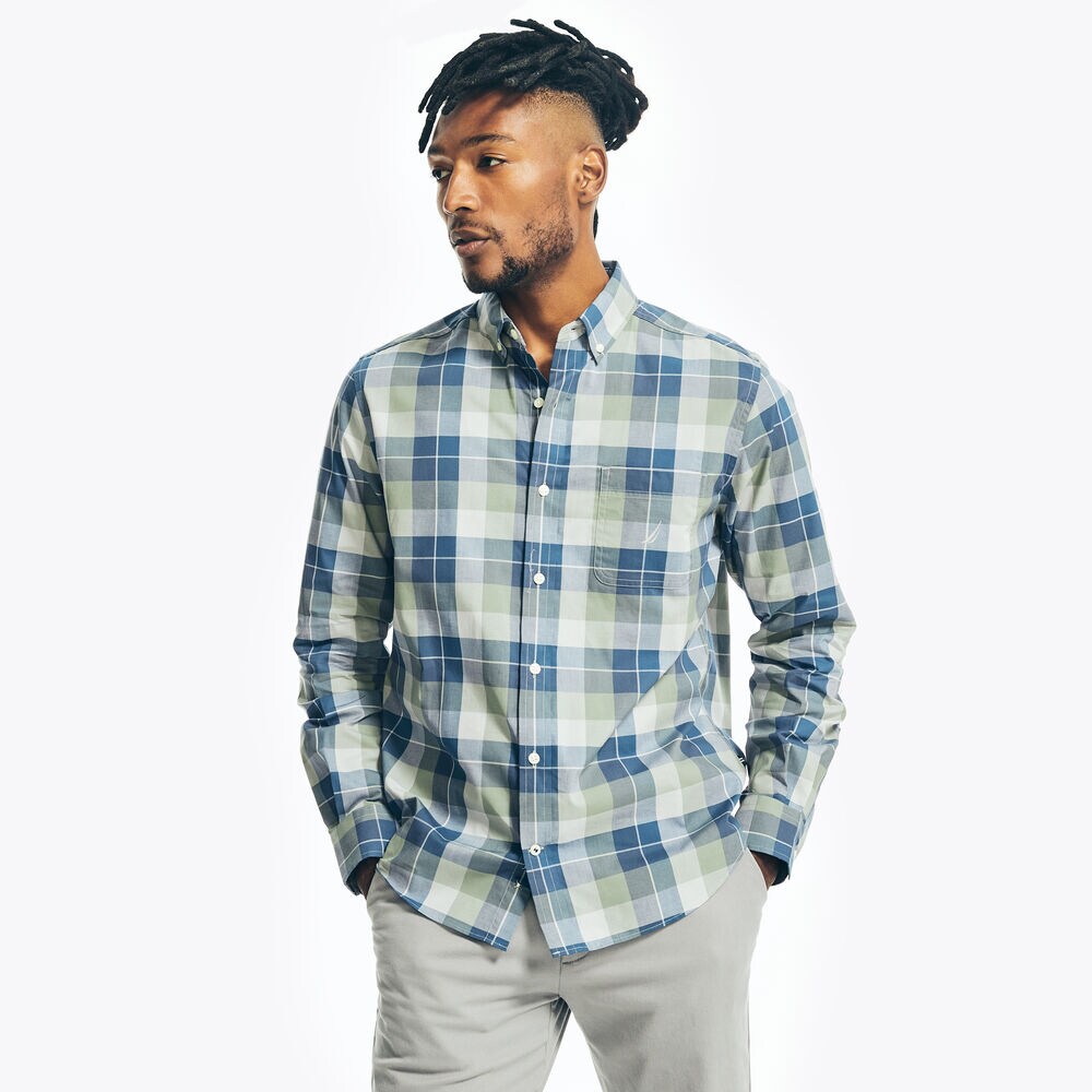 BIG & TALL PLAID POPLIN SHIRT,Jade Forest Heather,large