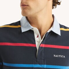 Classic Fit Striped Rugby Polo,Navy,large